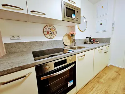 a kitchen with a stove and a sink at TERRACE-VIEW 2BR PRAGUE APARTMENTS for Business & Leisure, FREE PARKING & Gym, Near Metro & Aqua Sport Centre in Prague
