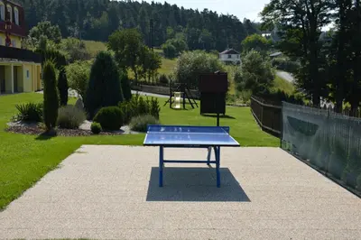 a blue ping pong table in the middle of a park at Apartmány Kamejk in Kamýk nad Vltavou