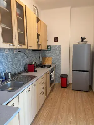 a kitchen with a white refrigerator and a wooden floor at Vintage Brussels Style on Prague 4 in Prague