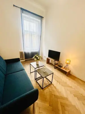 a living room with a couch and a tv at Retro style in centrum Prague Andel in Prague