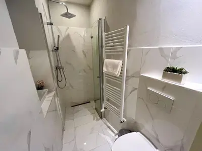 a white bathroom with a shower and a toilet at Spacious 4BR Apartment by Charles Bridge in Prague