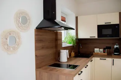a kitchen with white cabinets and a black stove at Charming studio near Prague Airport in Tuchoměřice