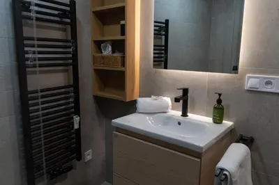 a bathroom with a sink and a mirror at Sights at Your Doorstep in Prague