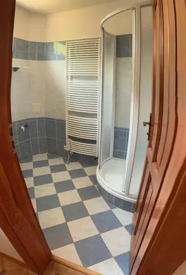 a bathroom with a shower and a checkered floor at Ubytování v Nalžovicích in Nalžovice
