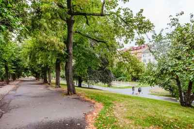 a park with trees and people walking down a road at Blueground Vinohrady close to Namesti Miru PRG-2 in Prague