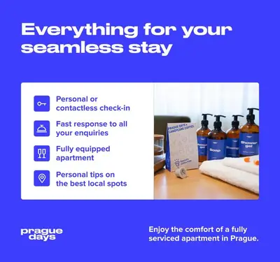 a flyer with bottles of essential oils on a table at Prague Days - Two-Bedroom Apartment with Workspace and 200Mbps WiFi in Prague