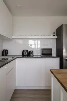 a white kitchen with white cabinets and a microwave at Spacious 4-Story Home with Sauna & Garden in Prague