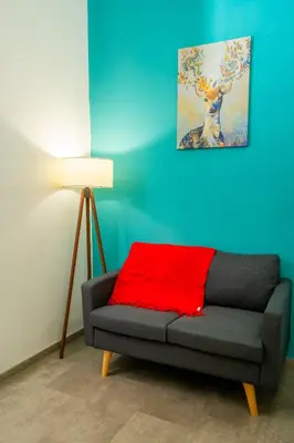 a living room with a couch with a red pillow at Grand apartment near Dancing House in Prague
