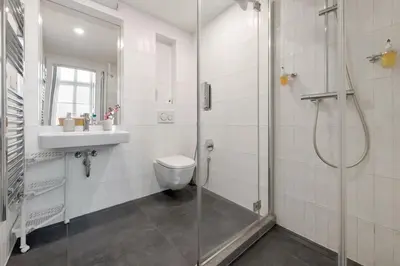a bathroom with a shower and a toilet and a sink at Opletal Echoes in Prague