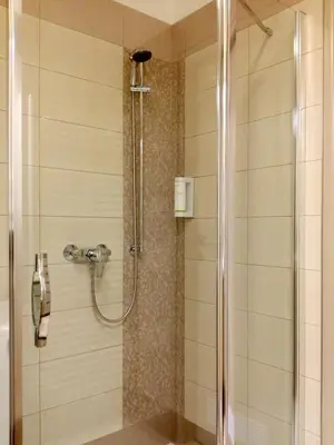 a shower with a glass door in a bathroom at Apartmán U Labe in Nymburk