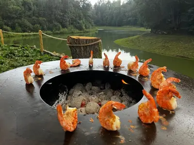 a group of shrimp cooking on a grill next to a river at Glamp SunnyMoon in Sudoměř