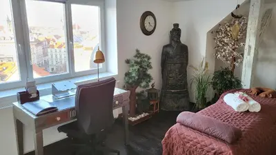 a bedroom with a desk and a bed and a desk at Luxury Apt - Free Massages from Physiotherapists in Prague