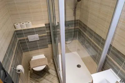 a bathroom with a shower and a toilet and a sink at Cozy retreat in the Old Town in Prague