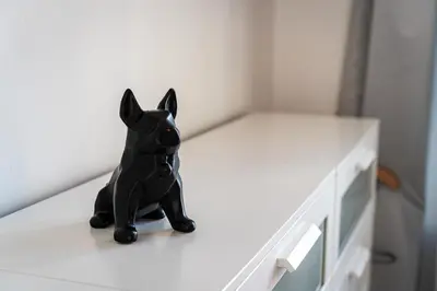 a black toy dog sitting on top of a dresser at Golden Dog Suite in Prague