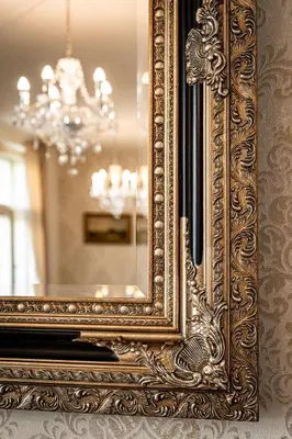 a mirror with a gold frame on a wall at Golden Dog Suite in Prague