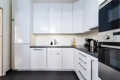 a white kitchen with a sink and a refrigerator at Golden Dog Suite in Prague