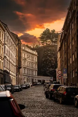 a city street with cars parked on the street at Golden Dog Suite in Prague