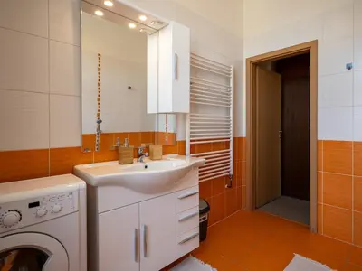 a bathroom with a sink and a washing machine at Comfortable apartment in Prague 8 - Libeň in Prague