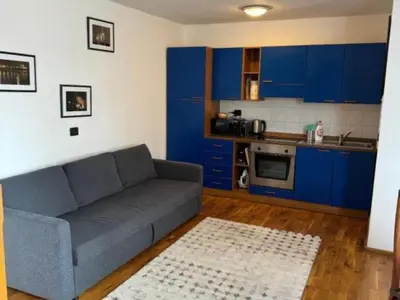 a living room with a couch and a kitchen at Cool Duplex with terrace near Florenc in Prague