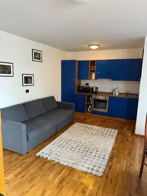 a living room with a couch and a kitchen at Cool Duplex with terrace near Florenc in Prague