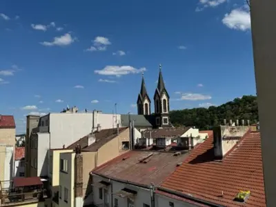 a view of a city with a church and roofs at Cool Duplex with terrace near Florenc in Prague