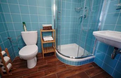 a bathroom with a toilet and a sink and a shower at Queen Bee apartments in Prague