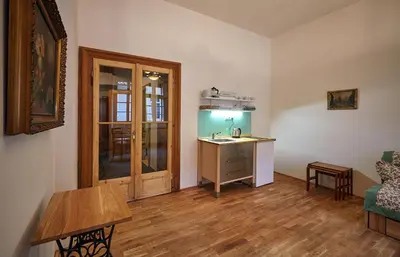 a kitchen with a sink and a table in a room at Queen Bee apartments in Prague