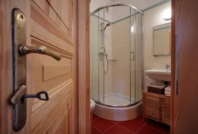 a bathroom with a shower and a toilet and a sink at Queen Bee apartments in Prague