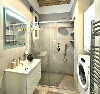 a bathroom with a shower and a sink and a washing machine at Riverside Hideout in Prague