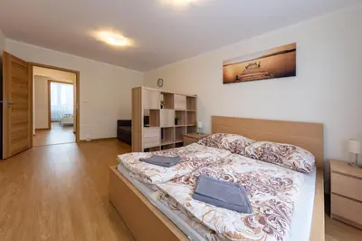 a bedroom with a large bed in a room at Large apartment Prosek - Your second home! in Prague