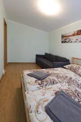a bedroom with a large bed and a couch at Large apartment Prosek - Your second home! in Prague