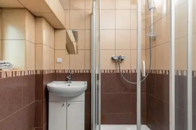 a bathroom with a shower and a sink at Penzion Patina House Barevný Svět in Mníšek pod Brdy