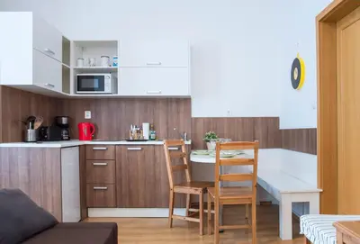 a small kitchen with a table and chairs in a room at Opatovicka affordable stay in Prague