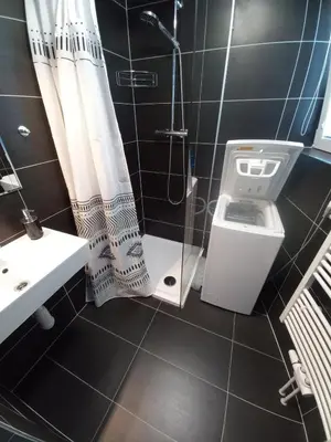a bathroom with a shower curtain and a toilet at Bnest in Beroun