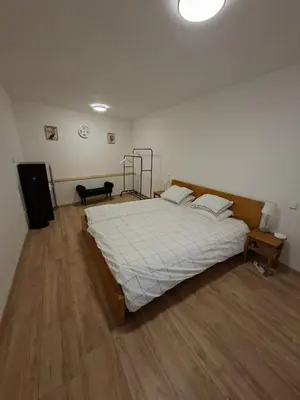 a bedroom with a large bed with a wooden frame at Bnest in Beroun