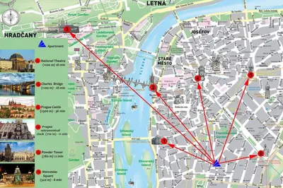 a map of the city of lyon with red dots at Navratilova Apartment in Prague