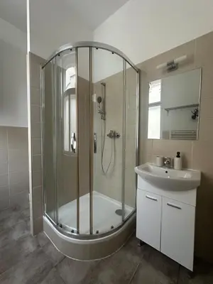 a bathroom with a shower and a sink at Chic Retreat on Skorepka Street in Prague
