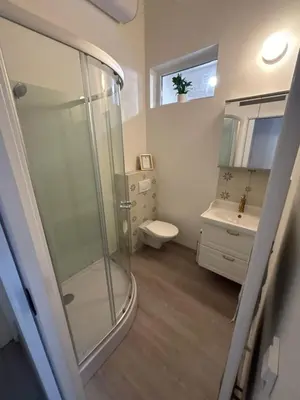 a bathroom with a shower and a toilet and a sink at Malebný byt pod hradem Křivoklát in Křivoklát