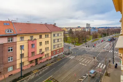 an aerial view of a street in a city at Sunny luxury apartments Grebovka in Prague