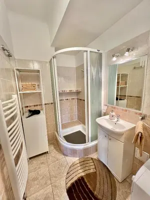 a bathroom with a shower and a sink at Cozy Studio with Prague panorama view in Prague