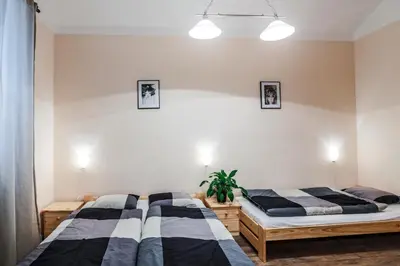 two beds in a bedroom with two pictures on the wall at Accommodation Smečky 14 in Prague