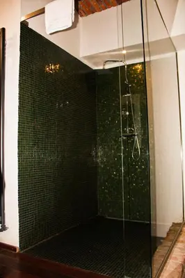 a shower with a glass enclosure in a bathroom at Pension U Hastrmana in Prague
