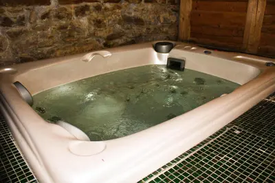 a bath tub filled with green water in a bathroom at Pension U Hastrmana in Prague