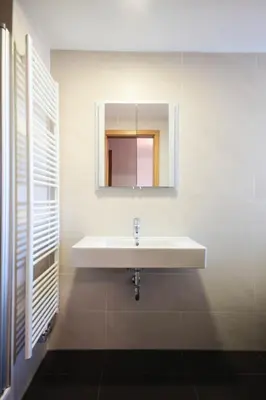 a bathroom with a white sink and a mirror at Cosy and spacious apartment with the view to the garden in Prague