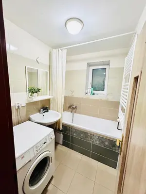 a bathroom with a washing machine and a sink at Villa Apartments with Free Parking Prague 5 in Prague