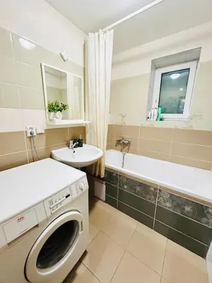 a bathroom with a washing machine and a sink at Villa Apartments with Free Parking Prague 5 in Prague
