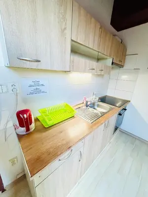 a kitchen with a sink and a counter top at Villa Apartments with Free Parking Prague 5 in Prague