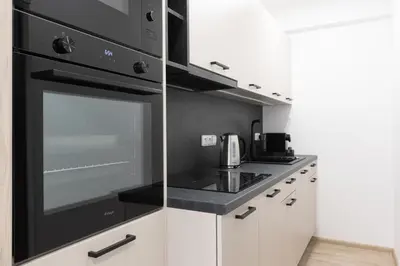 a kitchen with a black stove top oven at 2 bedroom apartment with a terrace near the metro in Prague