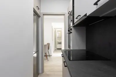 a kitchen with black countertops and a black counter top at 2 bedroom apartment with a terrace near the metro in Prague