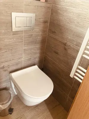 a white toilet in a bathroom with wooden walls at Domeček Pikovice in Píkovice